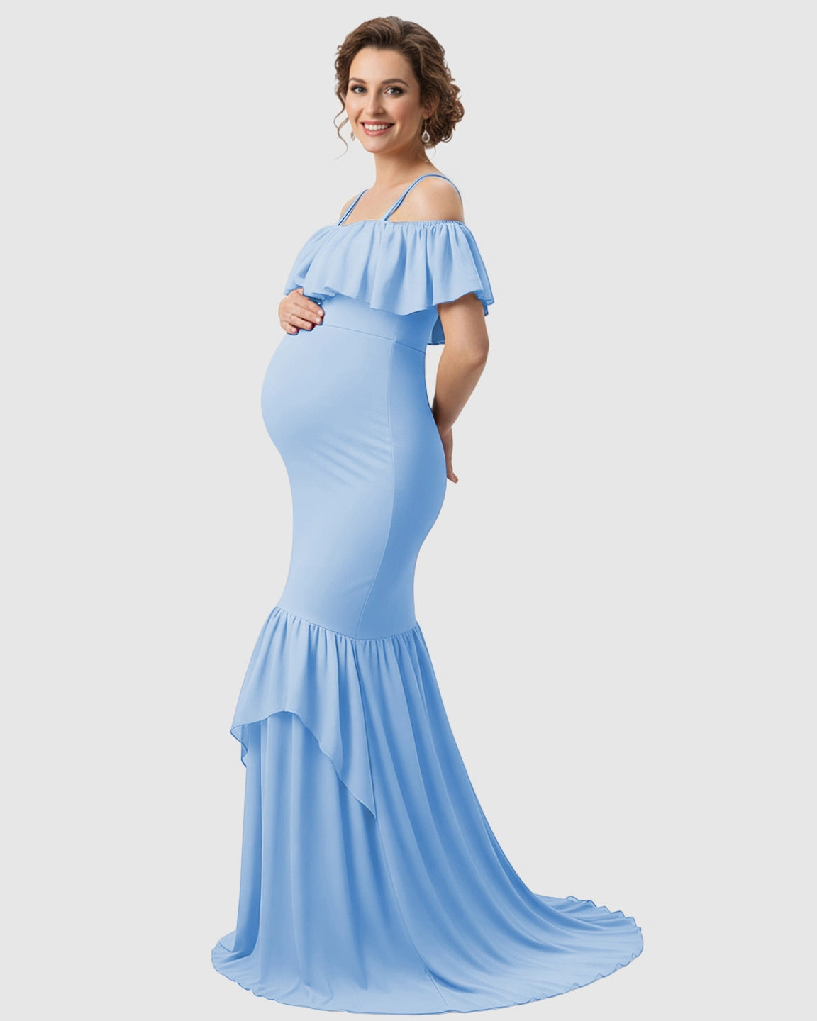 Ruffled Off-Shoulder Mermaid Train Maternity Photoshoot Dress