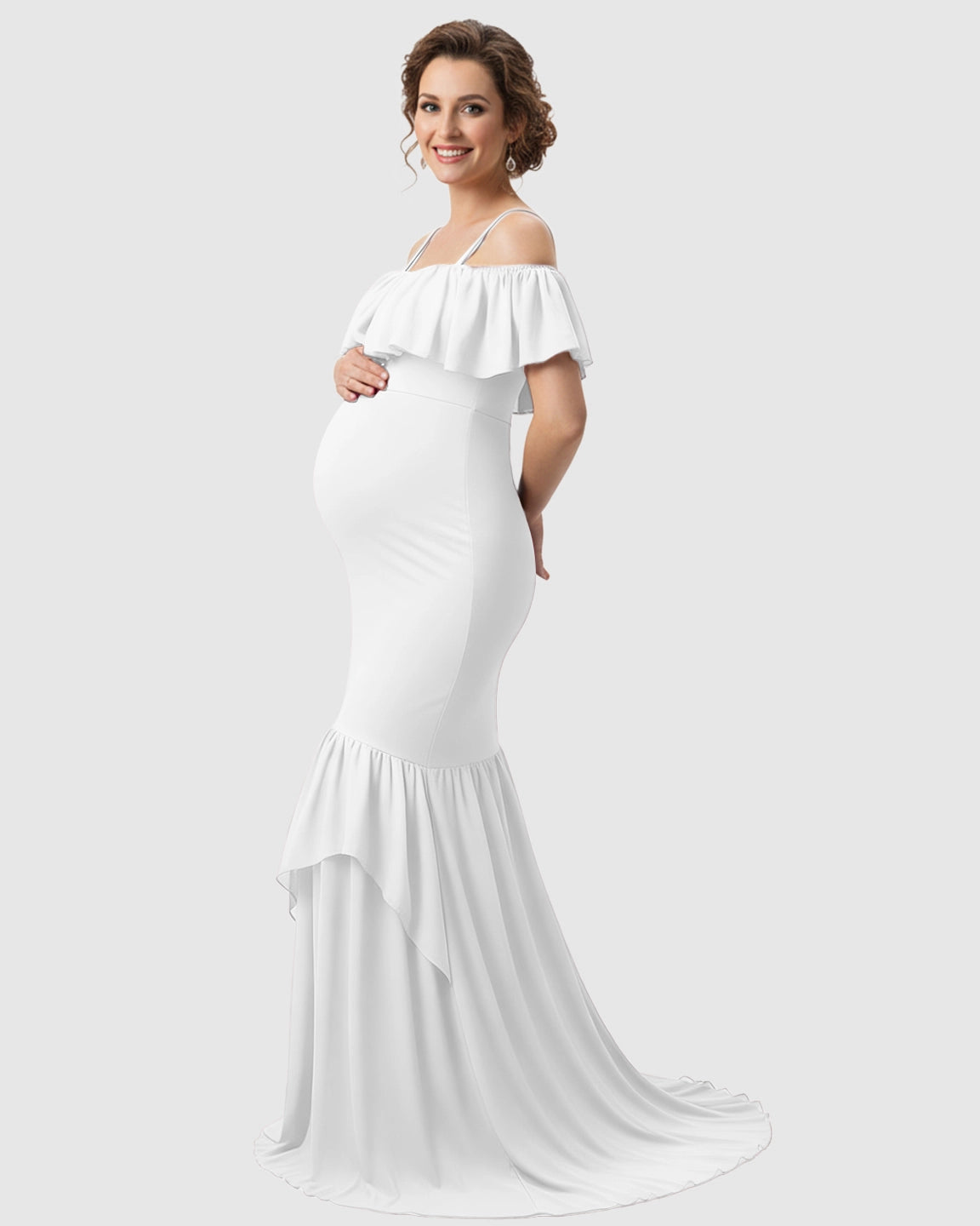 Ruffled Off-Shoulder Mermaid Train Maternity Photoshoot Dress