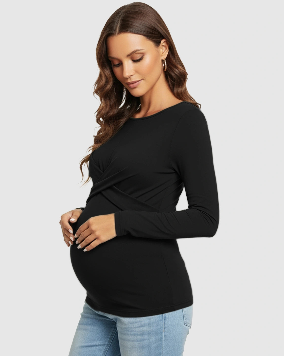 Cross-Pleat Fitted Long Sleeve Maternity Top