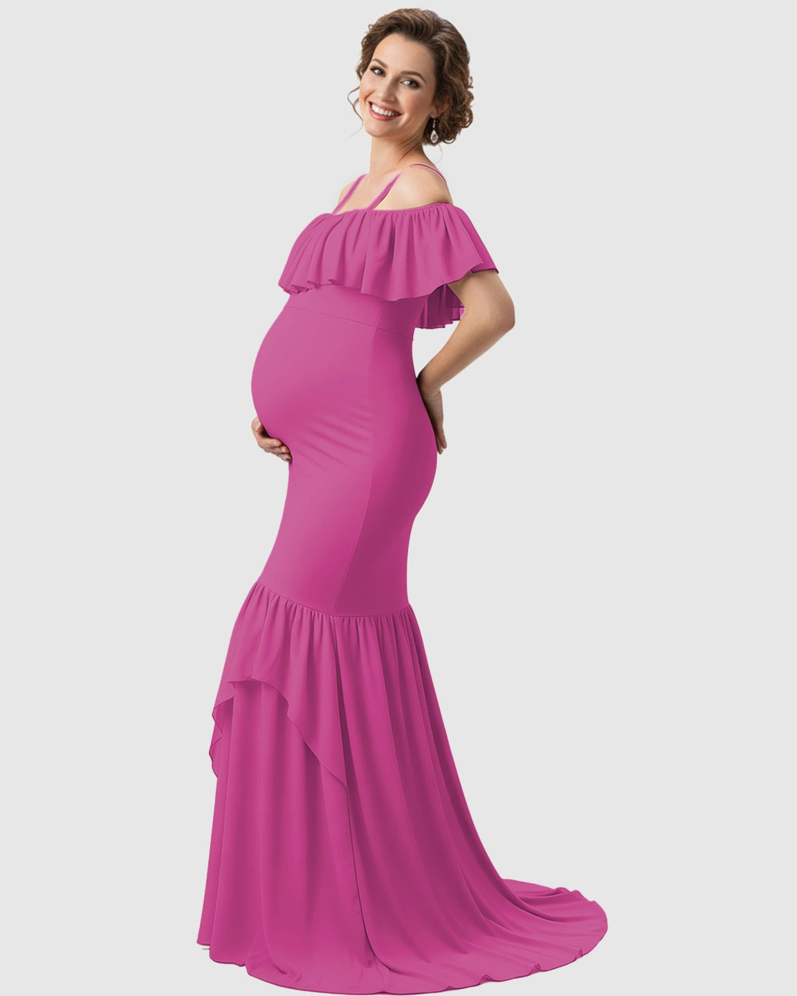 Ruffled Off-Shoulder Mermaid Train Maternity Photoshoot Dress