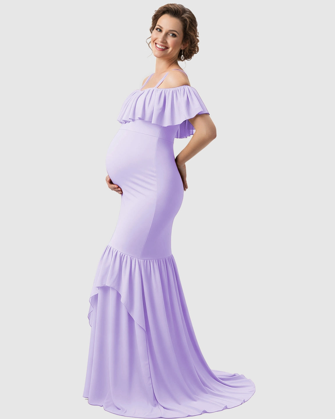 Ruffled Off-Shoulder Mermaid Train Maternity Photoshoot Dress