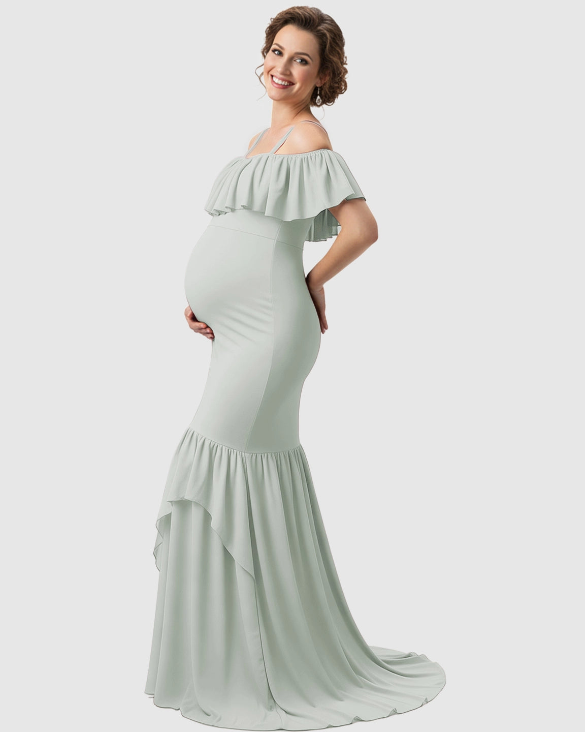 Ruffled Off-Shoulder Mermaid Train Maternity Photoshoot Dress