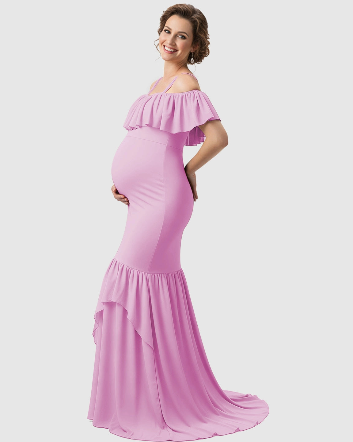 Ruffled Off-Shoulder Mermaid Train Maternity Photoshoot Dress