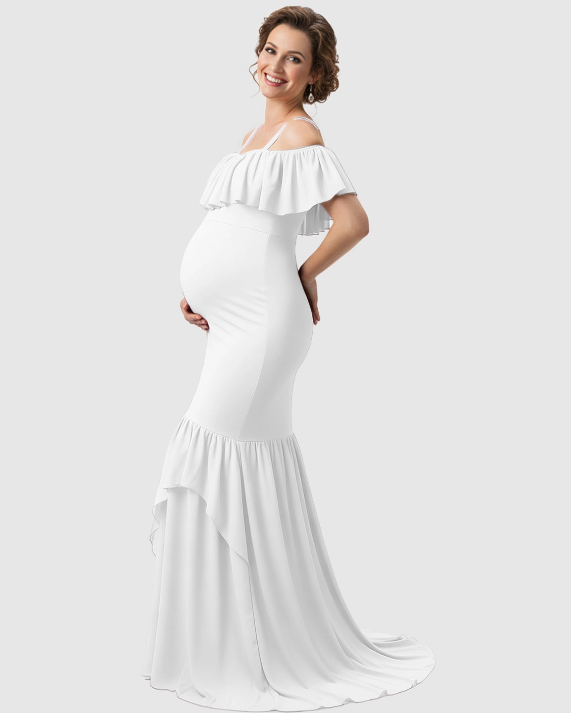 Ruffled Off-Shoulder Mermaid Train Maternity Photoshoot Dress