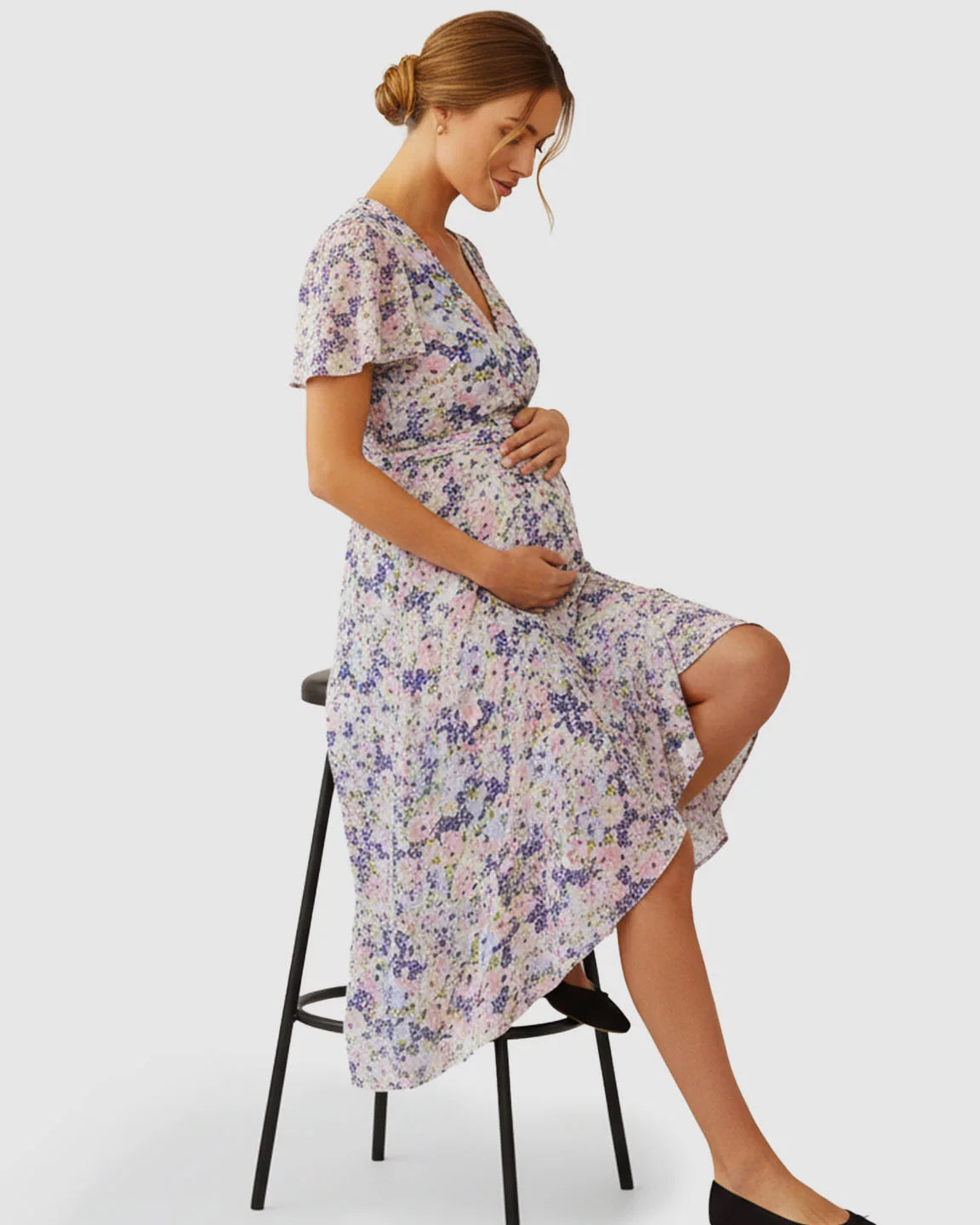 V-Neck Wrap-Style Floral Maternity Midi Dress