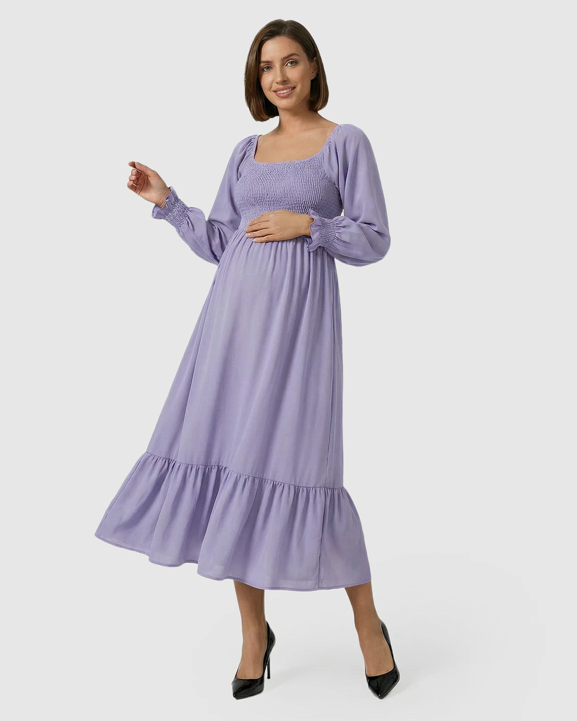 Smocked Square Neck Ruffled Hem Maternity Maxi Dress