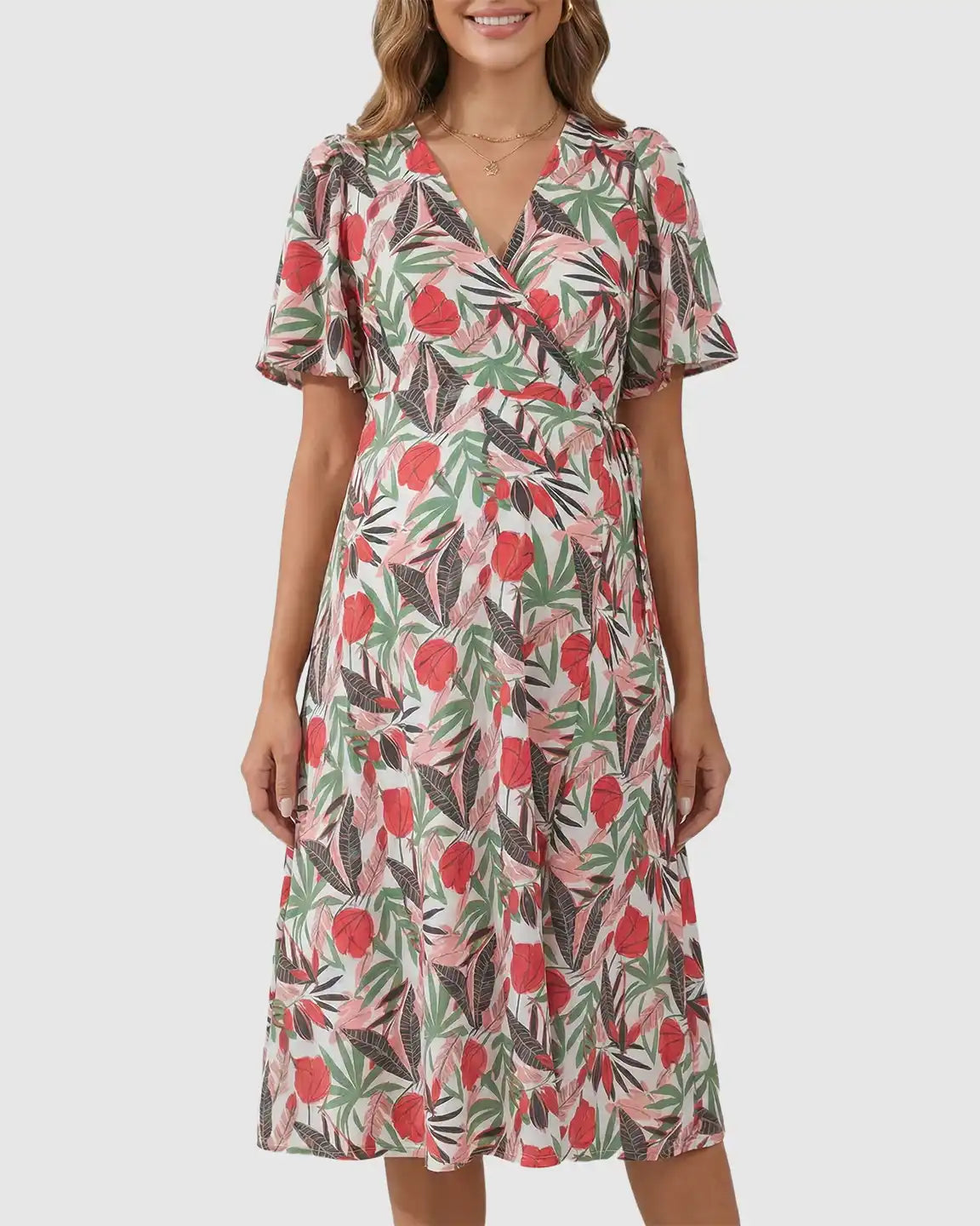 Side Tie Wrap Tropical Floral Maternity Midi Dress