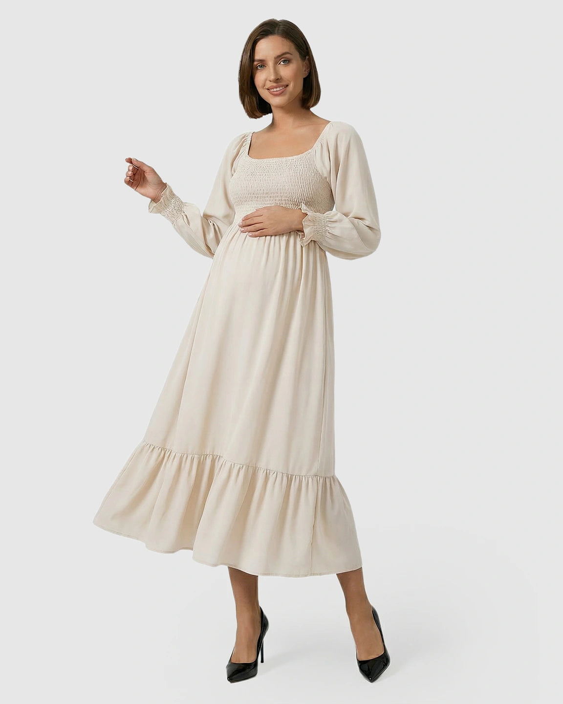 Smocked Square Neck Ruffled Hem Maternity Maxi Dress