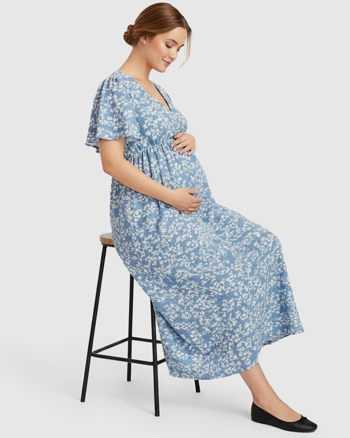 Cinched Waist Bohemian Maternity Maxi Dress