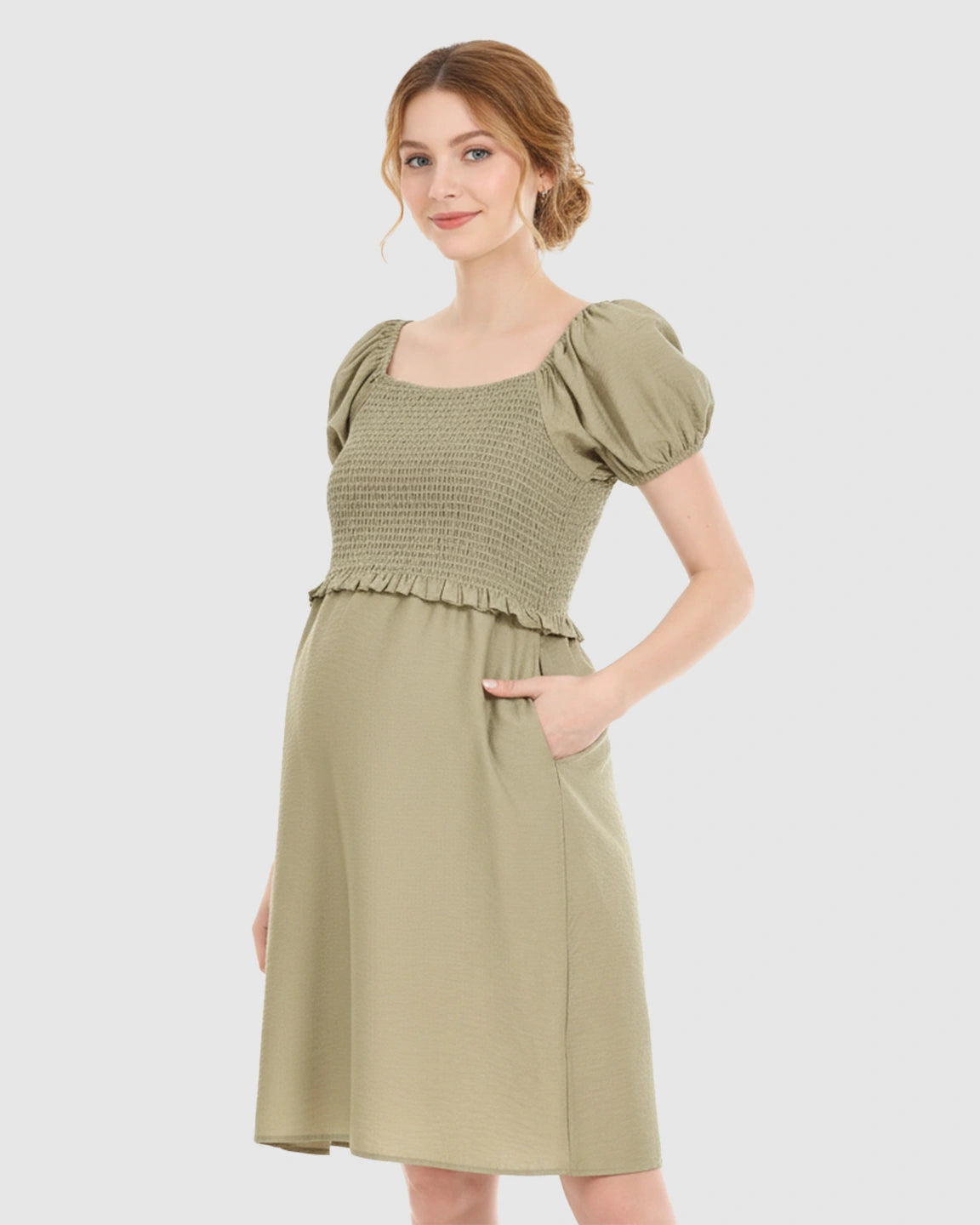 Retro Puff-Sleeve Flowy Maternity & Nursing Midi Dress