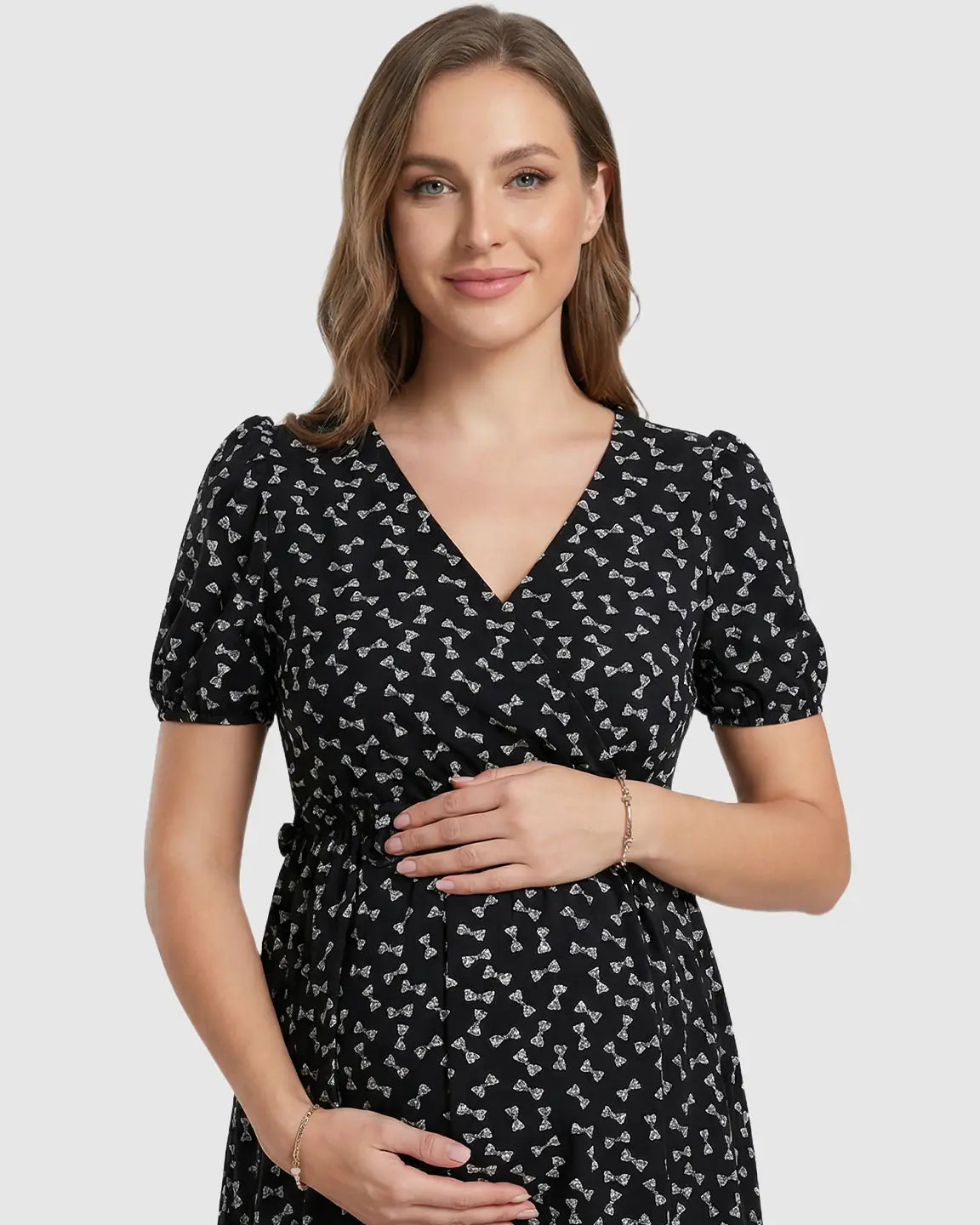 Bow Tie Print Cinched A-Line Maternity Dress