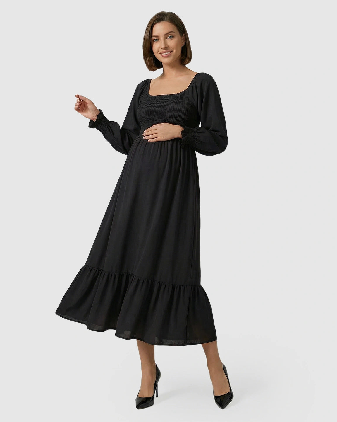 Smocked Square Neck Ruffled Hem Maternity Maxi Dress