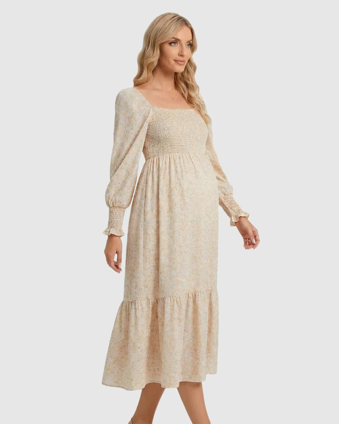 Shirred Bodice Boho Maternity Midi Dress