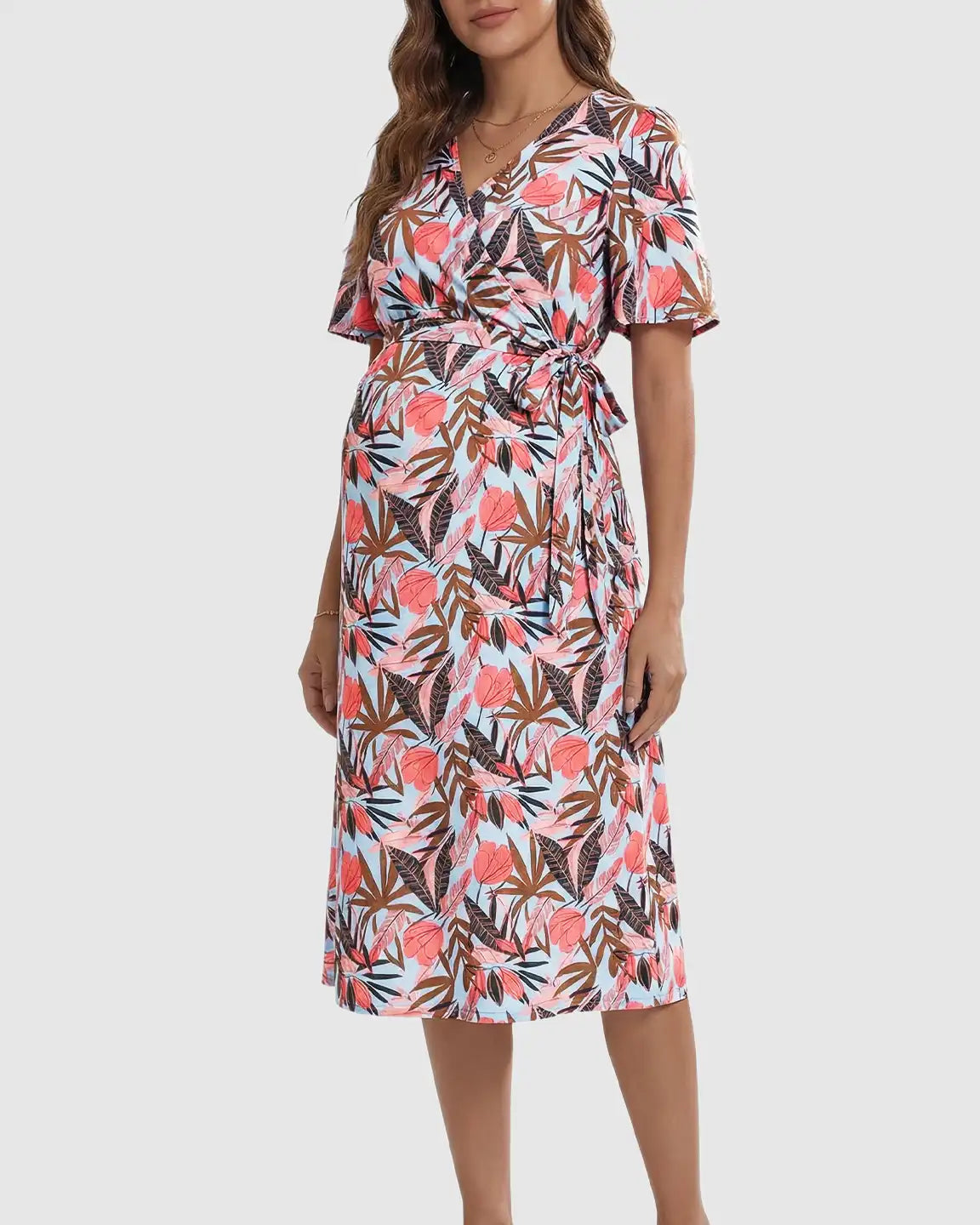 Side Tie Wrap Tropical Pattern Maternity Midi Dress