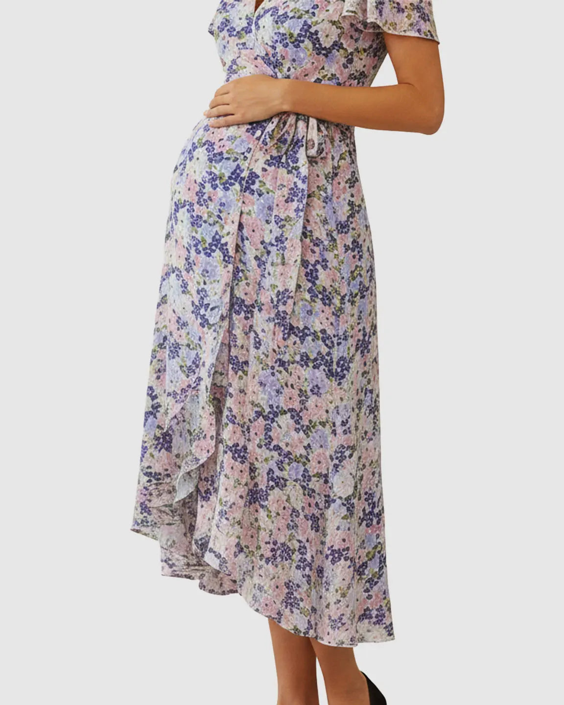 V-Neck Wrap-Style Floral Maternity Midi Dress