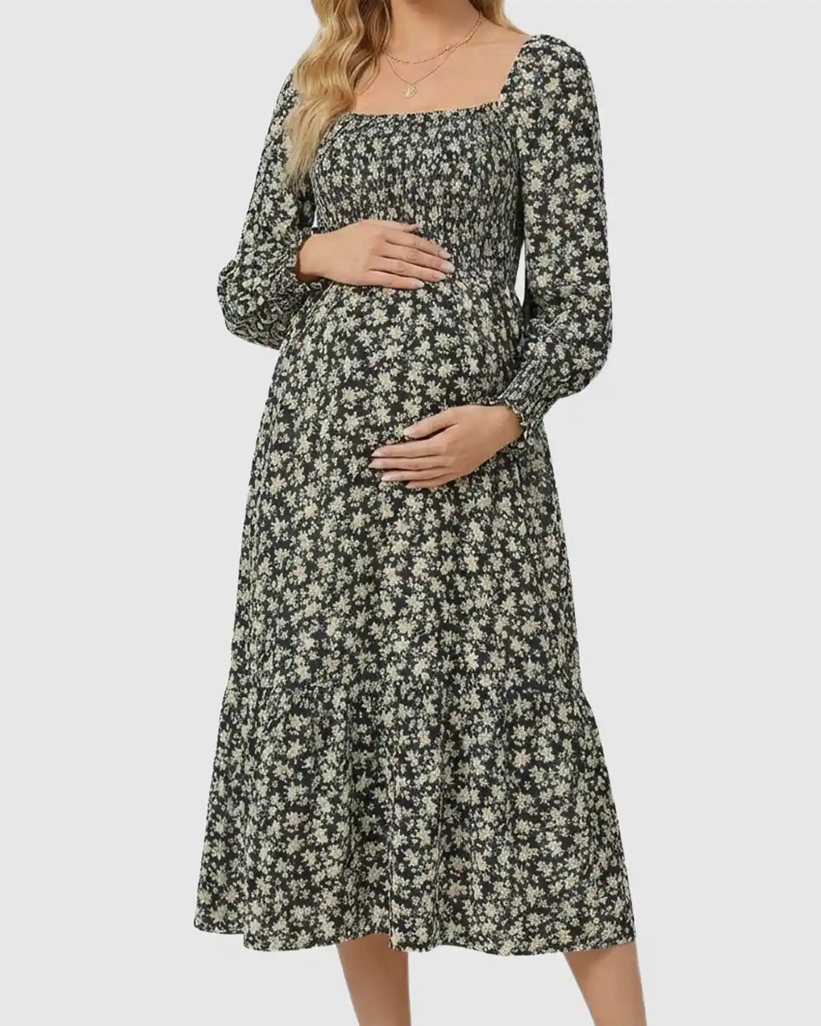 Smocked Long-Sleeve Maternity Midi Dress