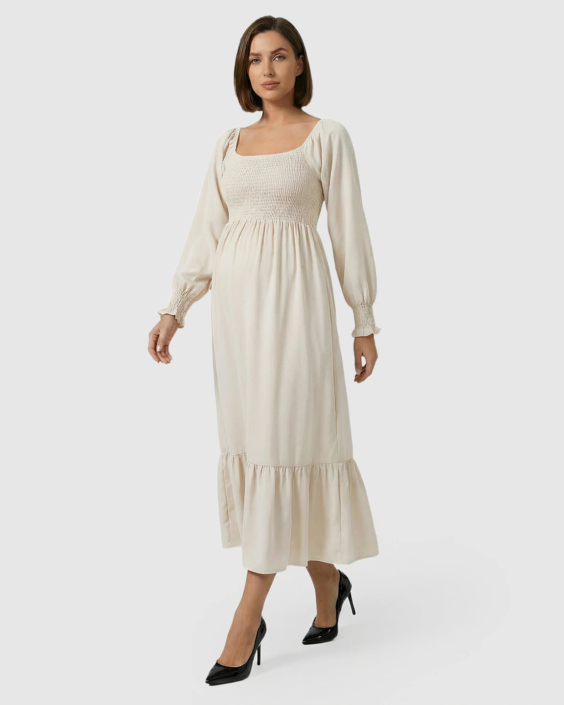 Smocked Square Neck Ruffled Hem Maternity Maxi Dress