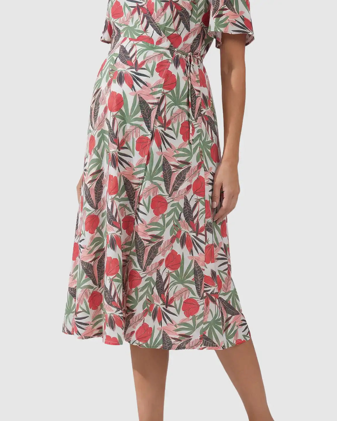Side Tie Wrap Tropical Floral Maternity Midi Dress