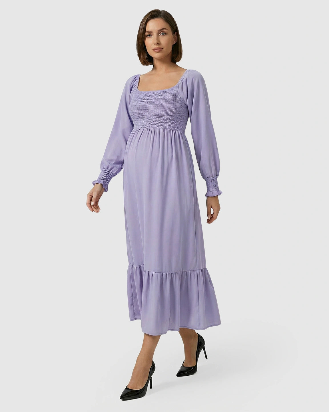 Smocked Square Neck Ruffled Hem Maternity Maxi Dress