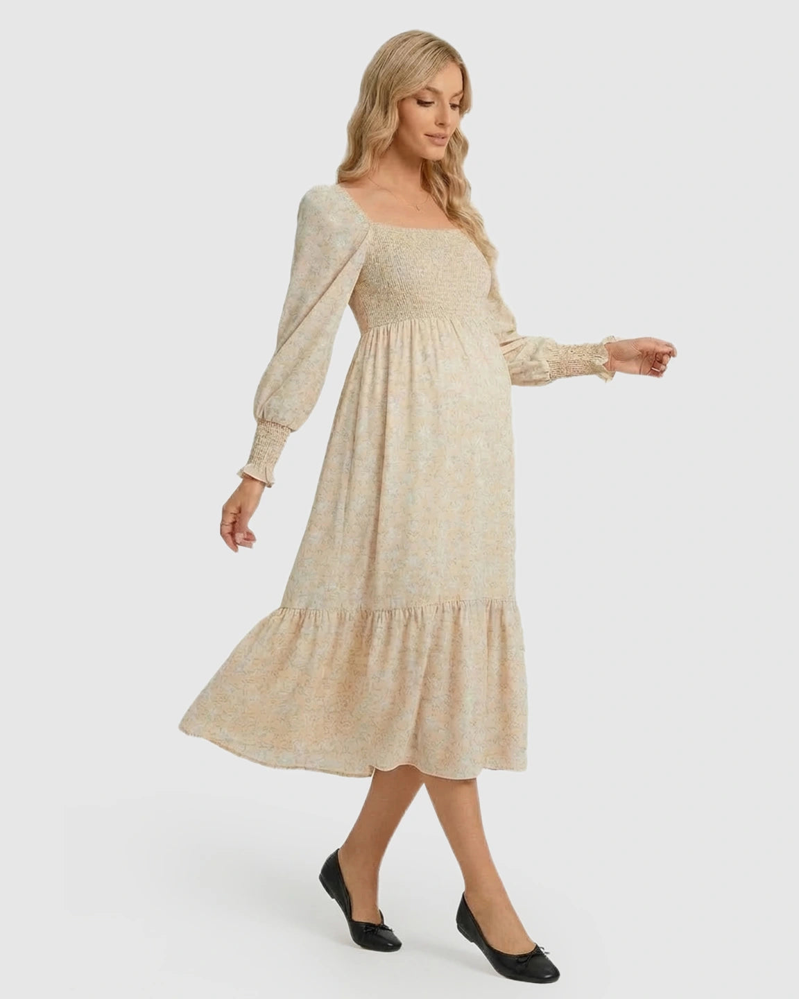 Shirred Bodice Boho Maternity Midi Dress