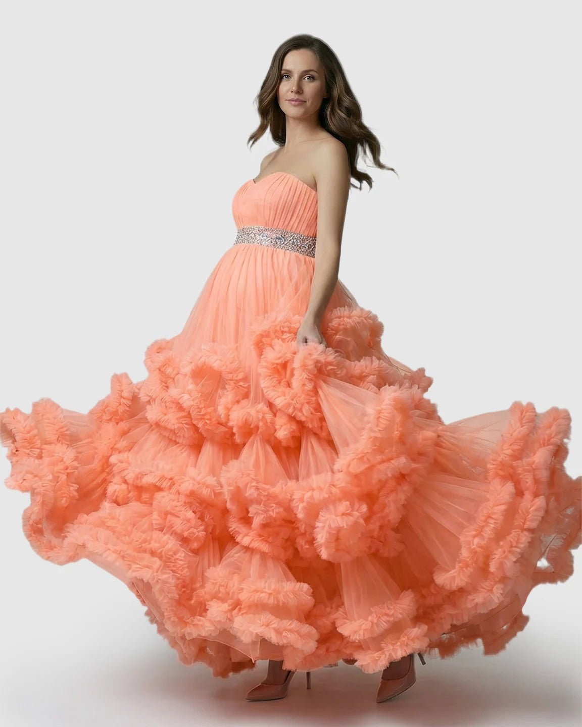 Strapless Bodice Multi-Layered Ruffled Skirt Maternity Photoshoot Dress