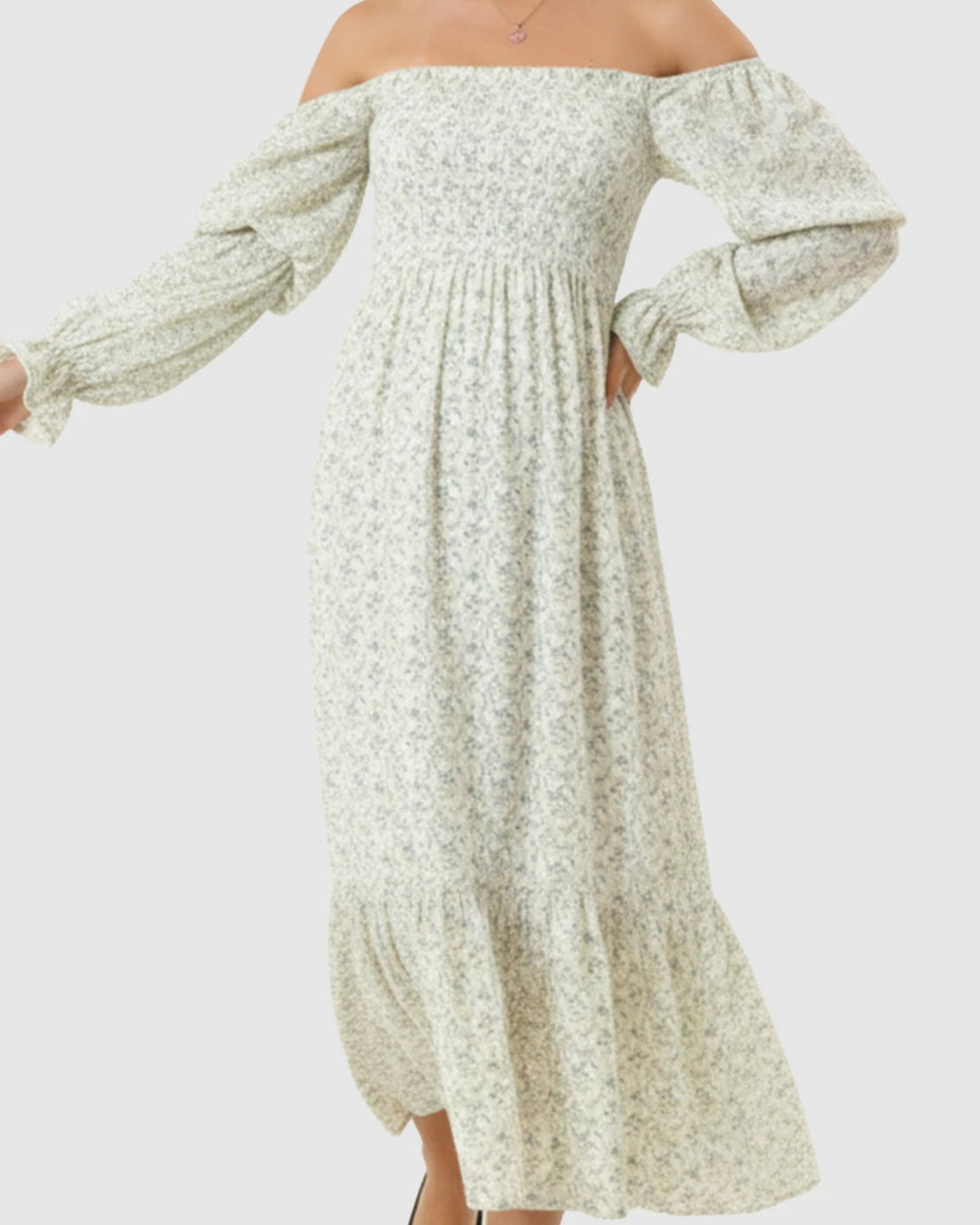 Floral Off-Shoulder Smocked Bodice Maternity Maxi Dress