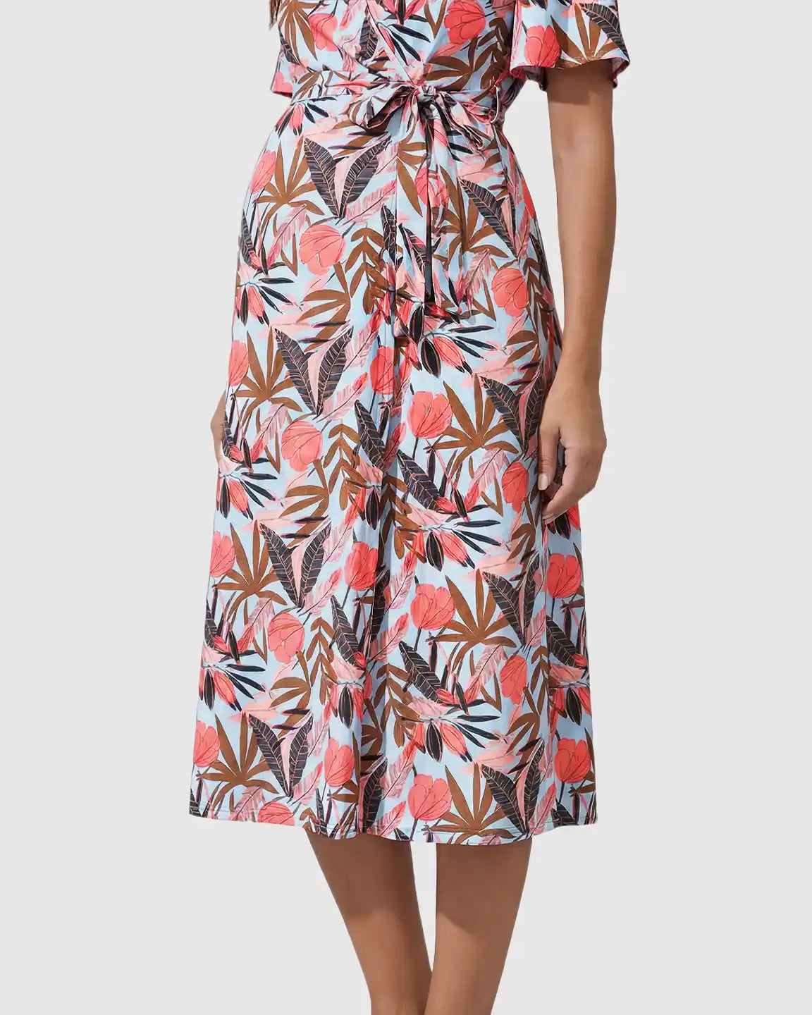 Side Tie Wrap Tropical Pattern Maternity Midi Dress