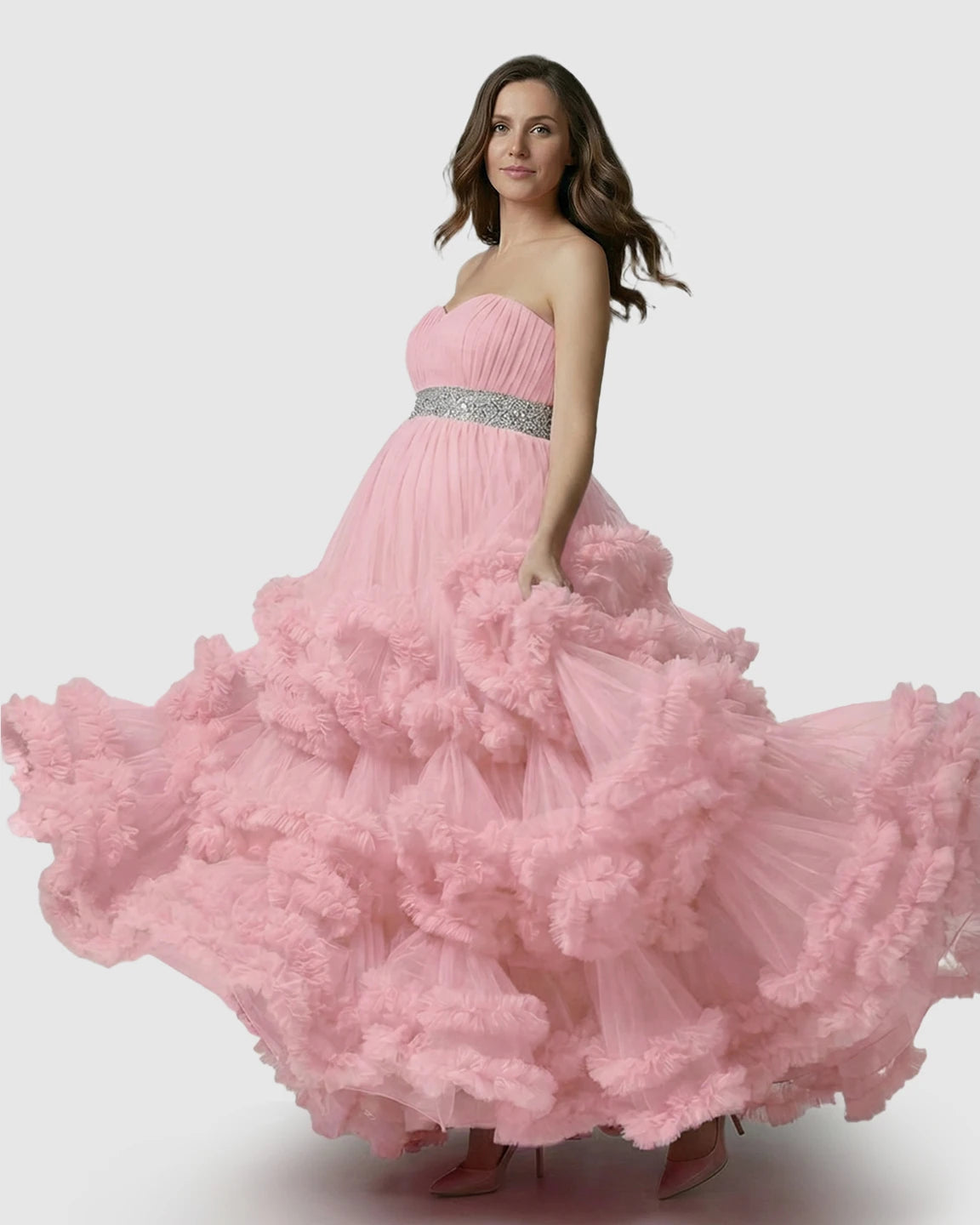Strapless Bodice Multi-Layered Ruffled Skirt Maternity Photoshoot Dress