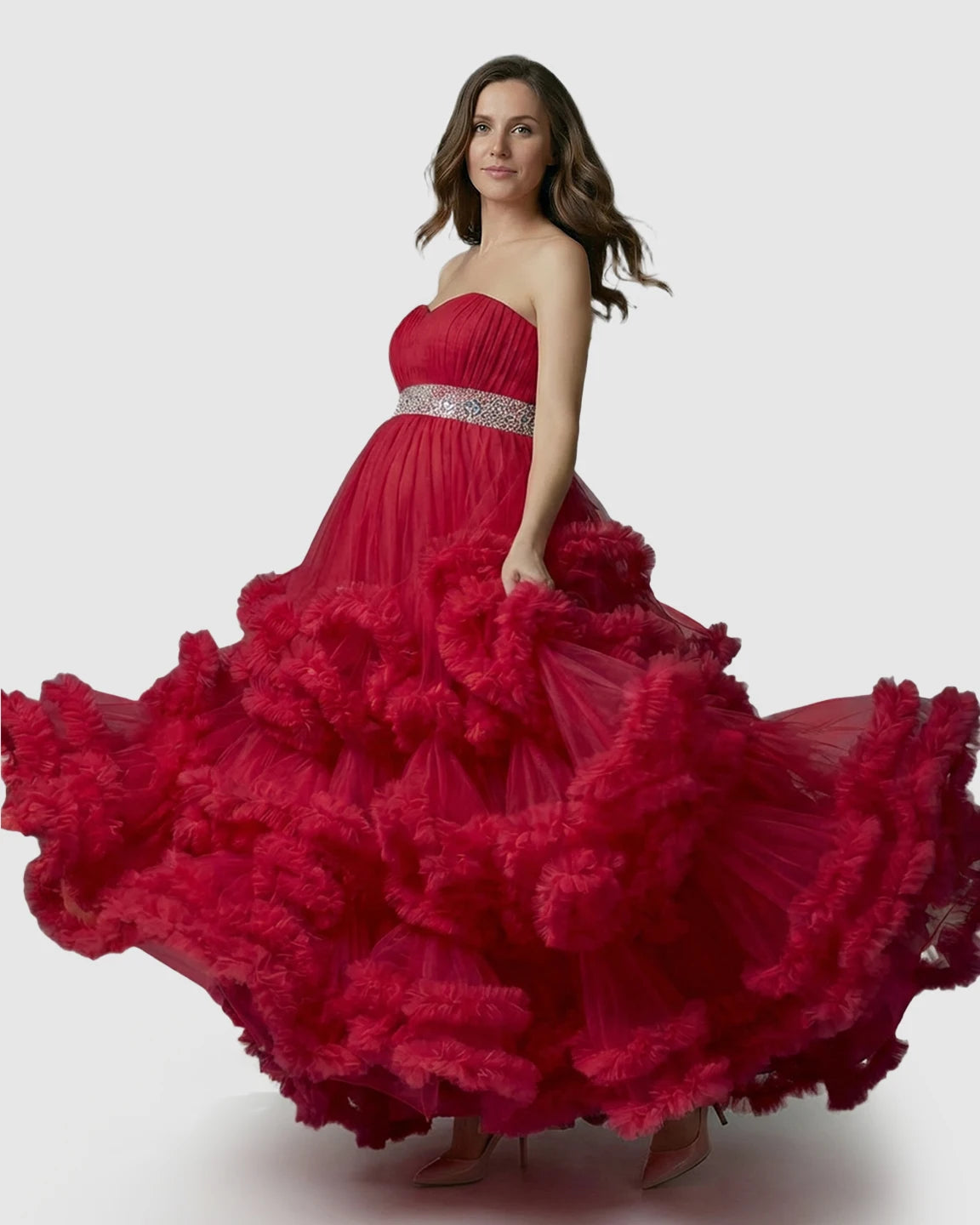 Strapless Bodice Multi-Layered Ruffled Skirt Maternity Photoshoot Dress