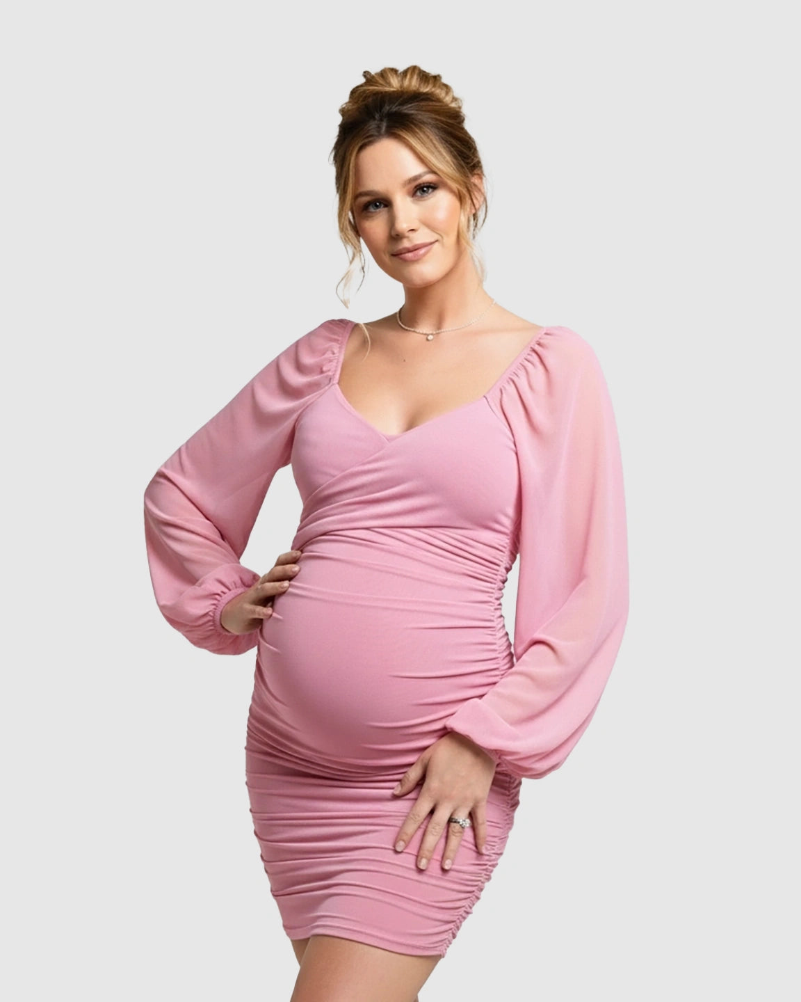 Stretch Mesh Long Sleeve Bodycon Maternity Short Dress