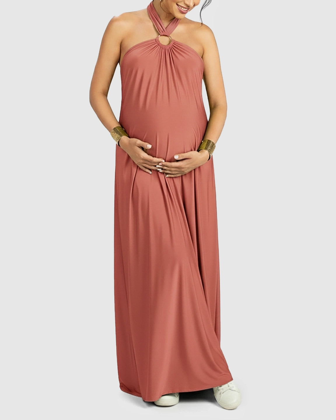 Backless Halter Neck Chiffon Maternity Maxi Dress