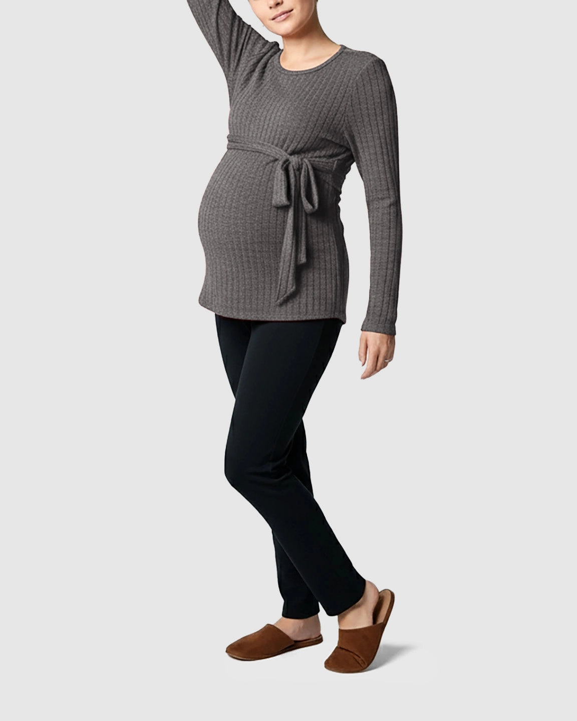 Ribbed Knit Tie-Waist Long Sleeve Maternity Top