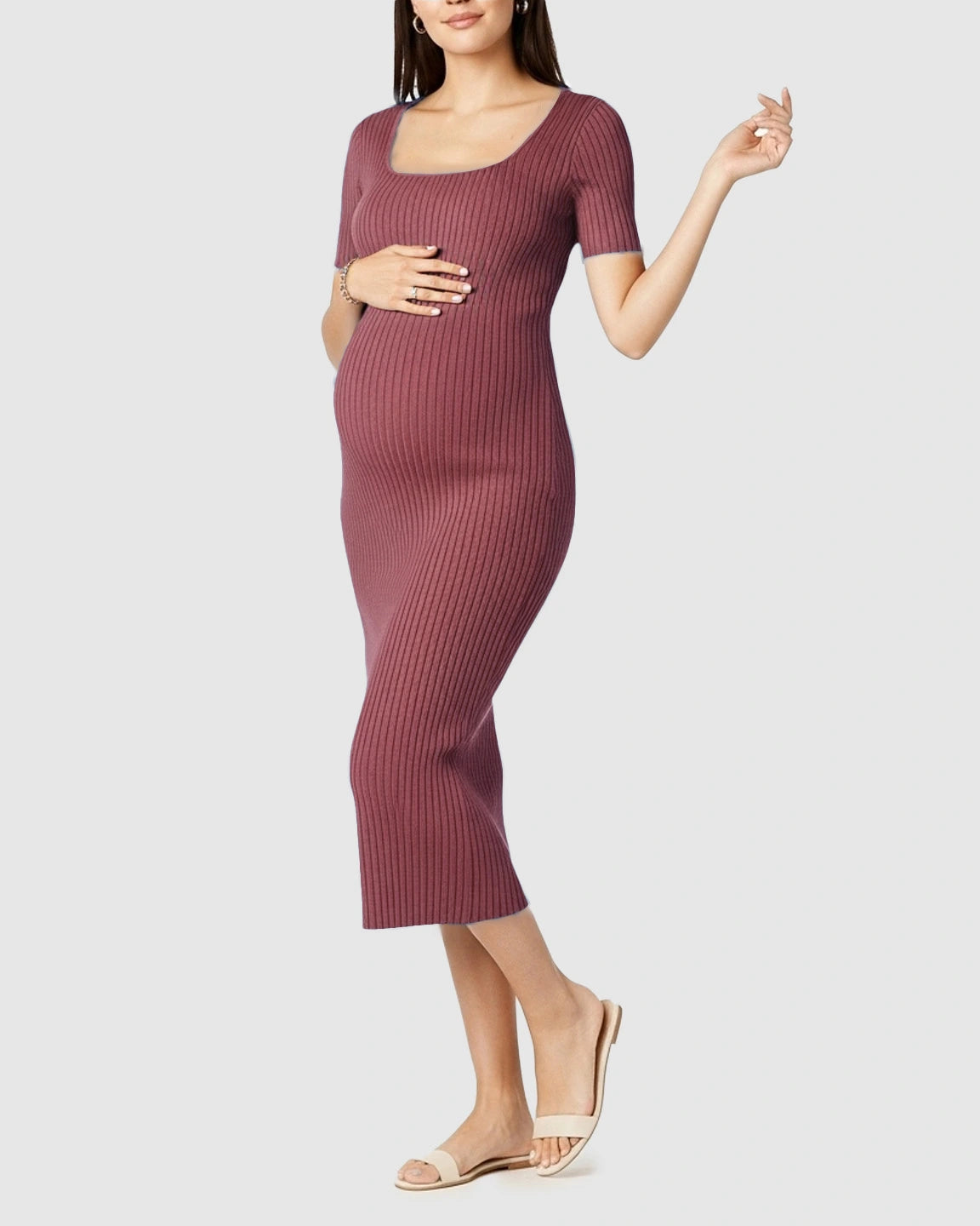 Ribbed Knit Square Neck Bodycon Maternity Midi Dress