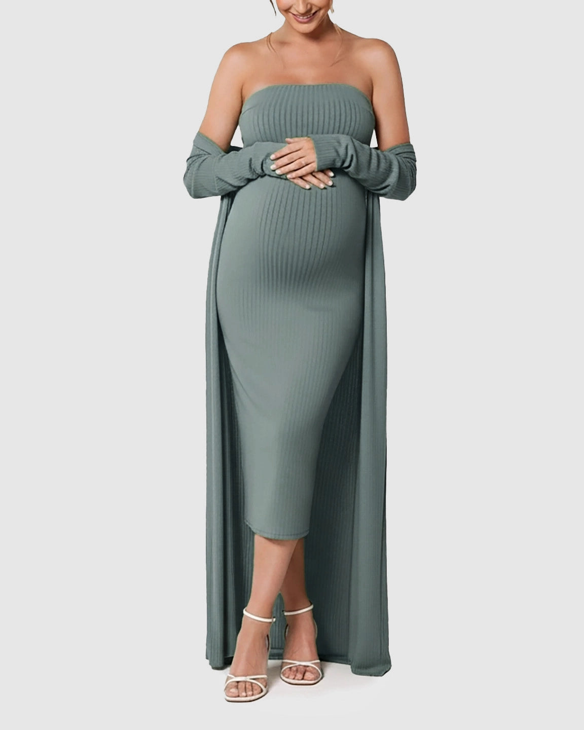 Elegant Ribbed Two-Piece Maternity Dress with Cardigan