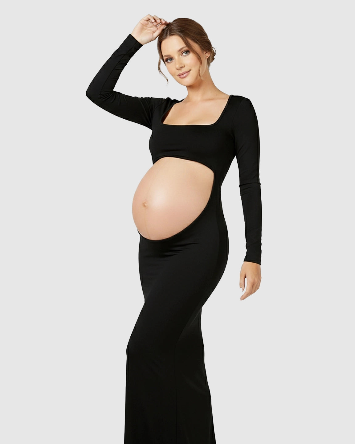 Belly-Cutout Bodycon Long Sleeve Maternity Maxi Dress