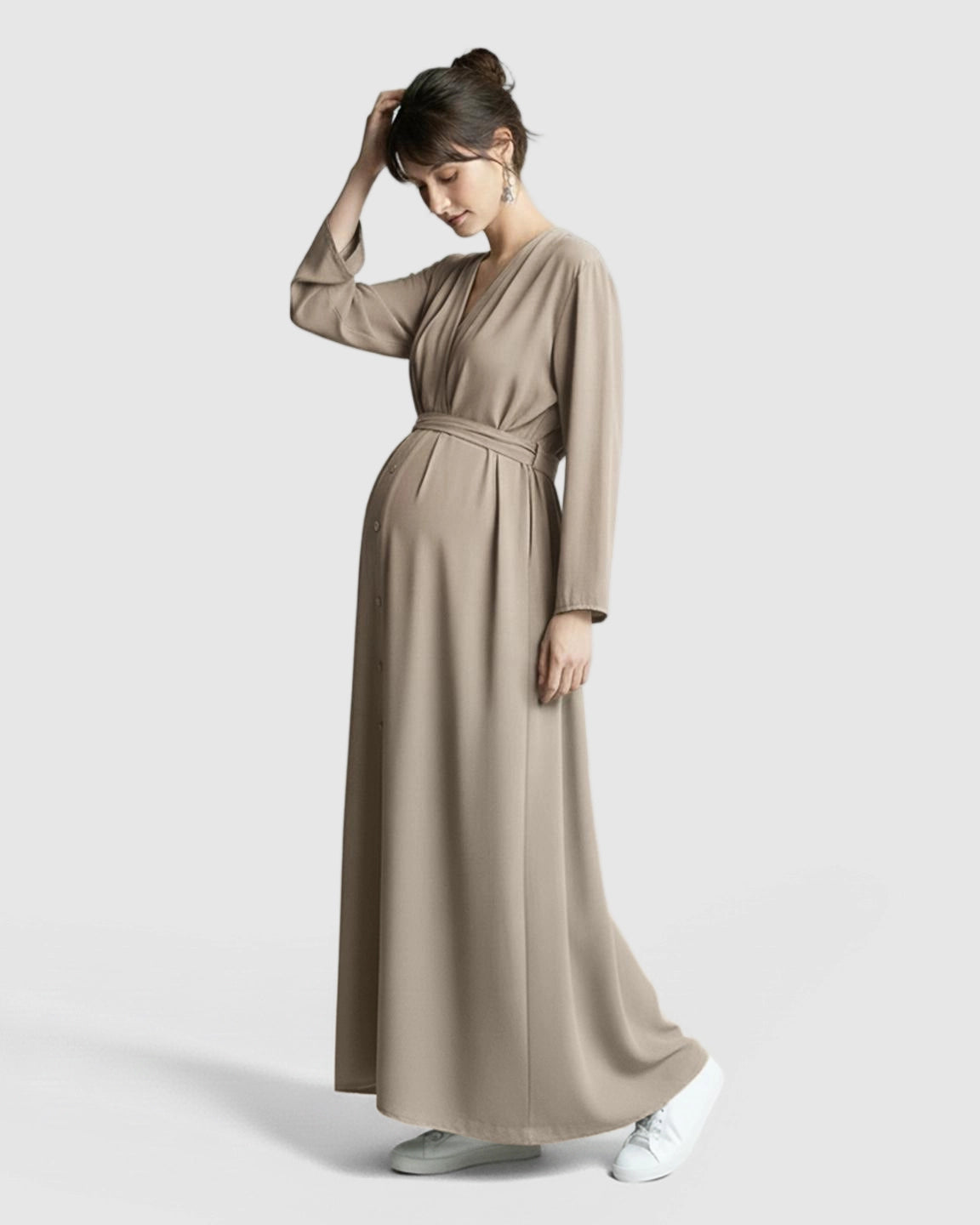 Long Sleeve V-Neck Maternity Maxi Dress with Adjustable Waist