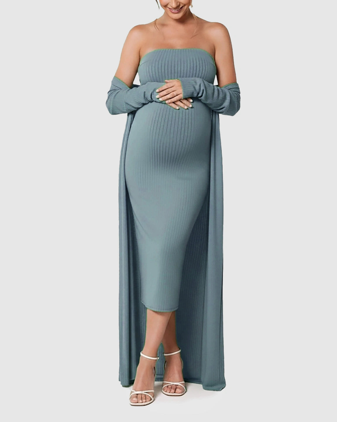 Elegant Ribbed Two-Piece Maternity Dress with Cardigan
