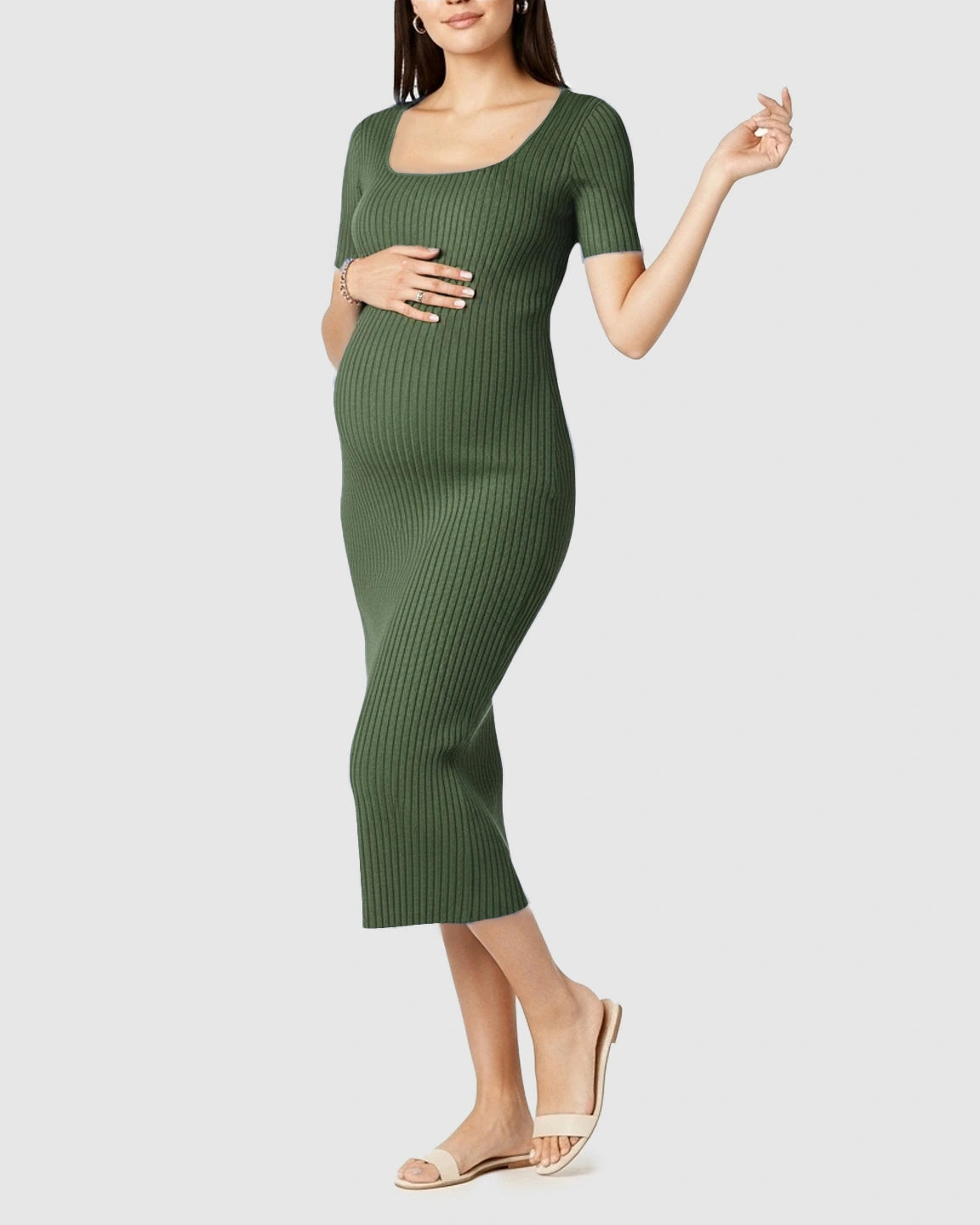 Ribbed Knit Square Neck Bodycon Maternity Midi Dress