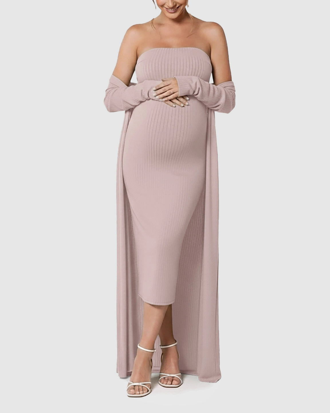 Elegant Ribbed Two-Piece Maternity Dress with Cardigan