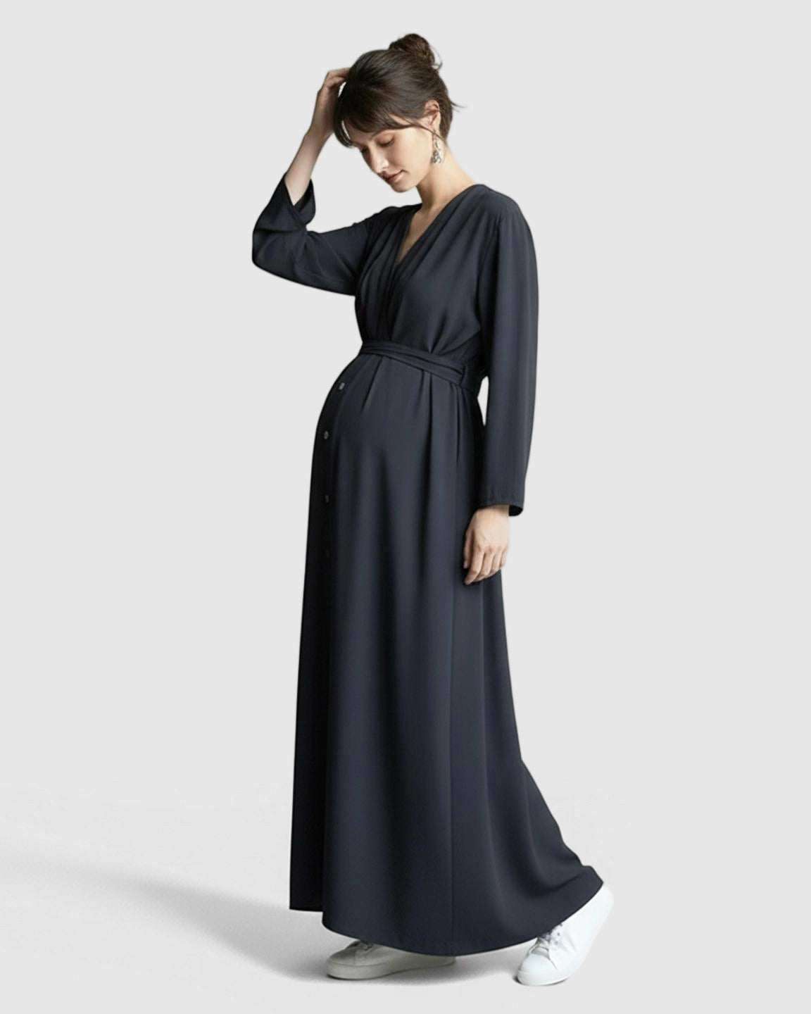 Long Sleeve V-Neck Maternity Maxi Dress with Adjustable Waist
