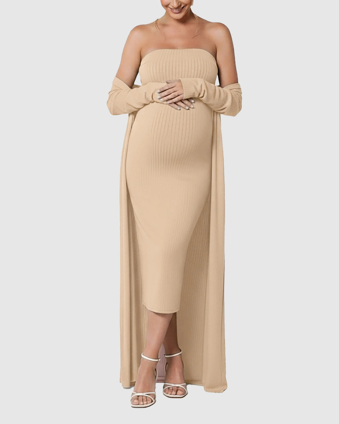 Elegant Ribbed Two-Piece Maternity Dress with Cardigan