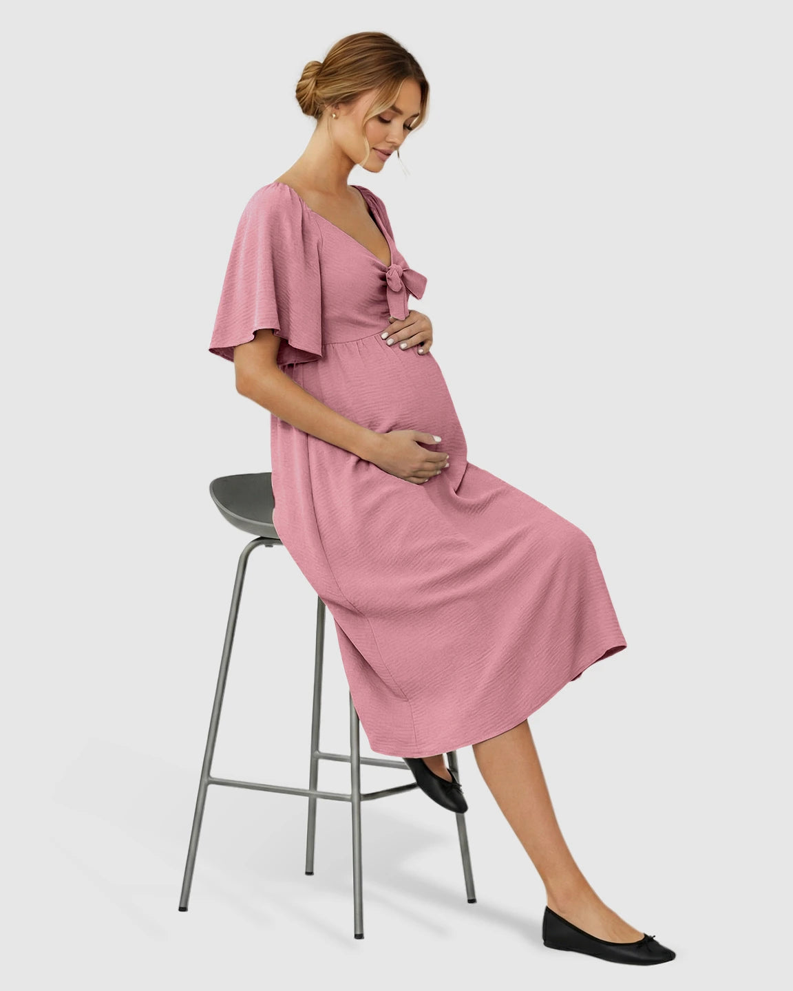 Tie-Knot Front Swing Silhouette Maternity Midi Dress
