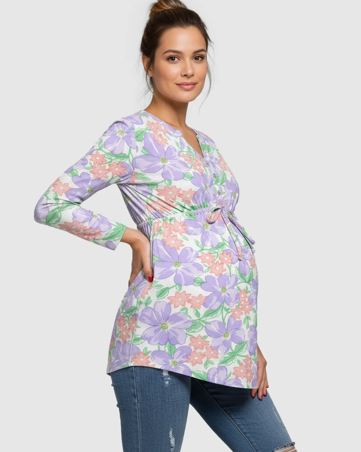 Bow Tie Detail Casual Floral Maternity Top