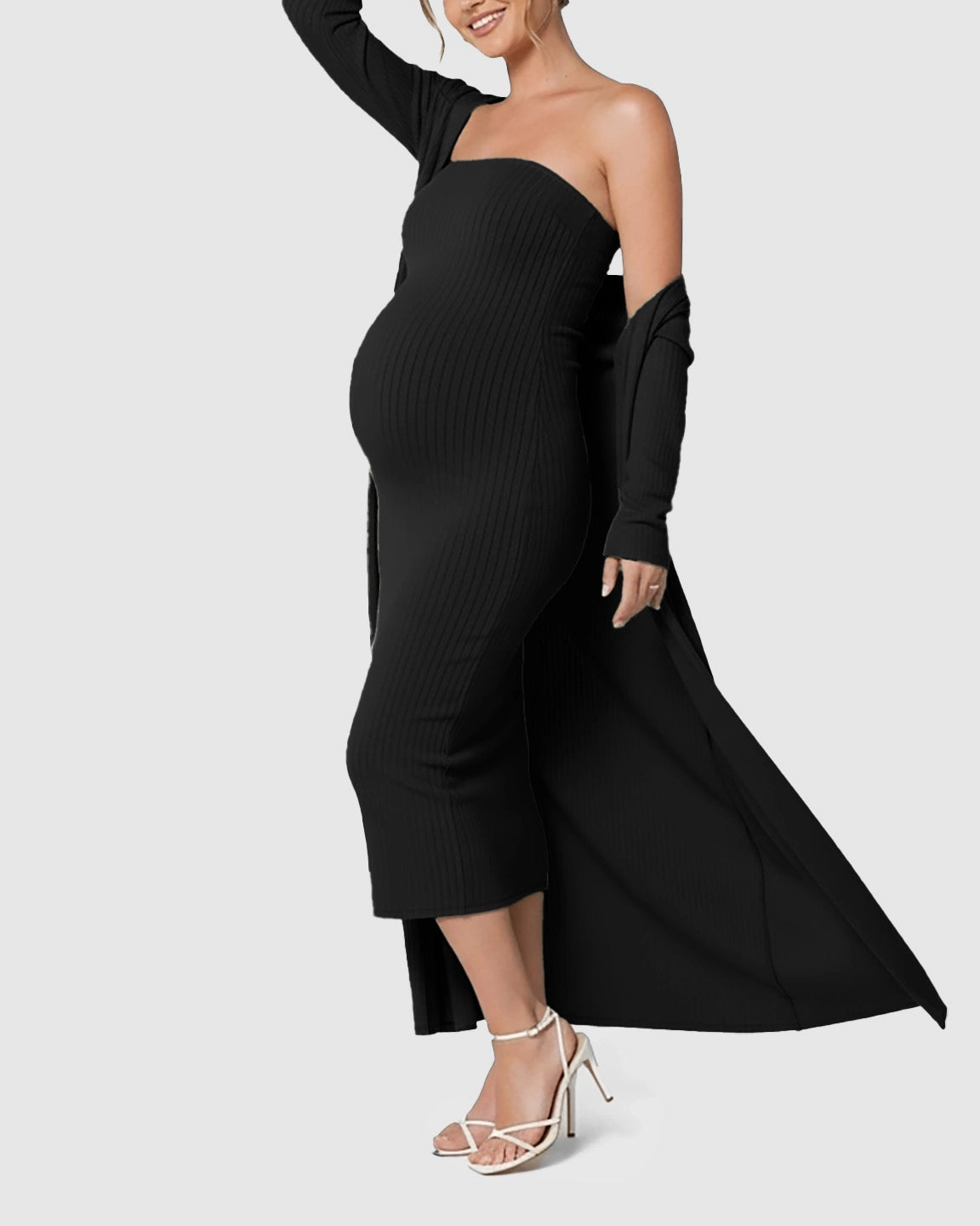 Elegant Ribbed Two-Piece Maternity Dress with Cardigan