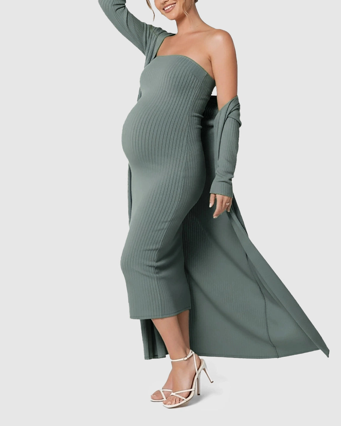 Elegant Ribbed Two-Piece Maternity Dress with Cardigan