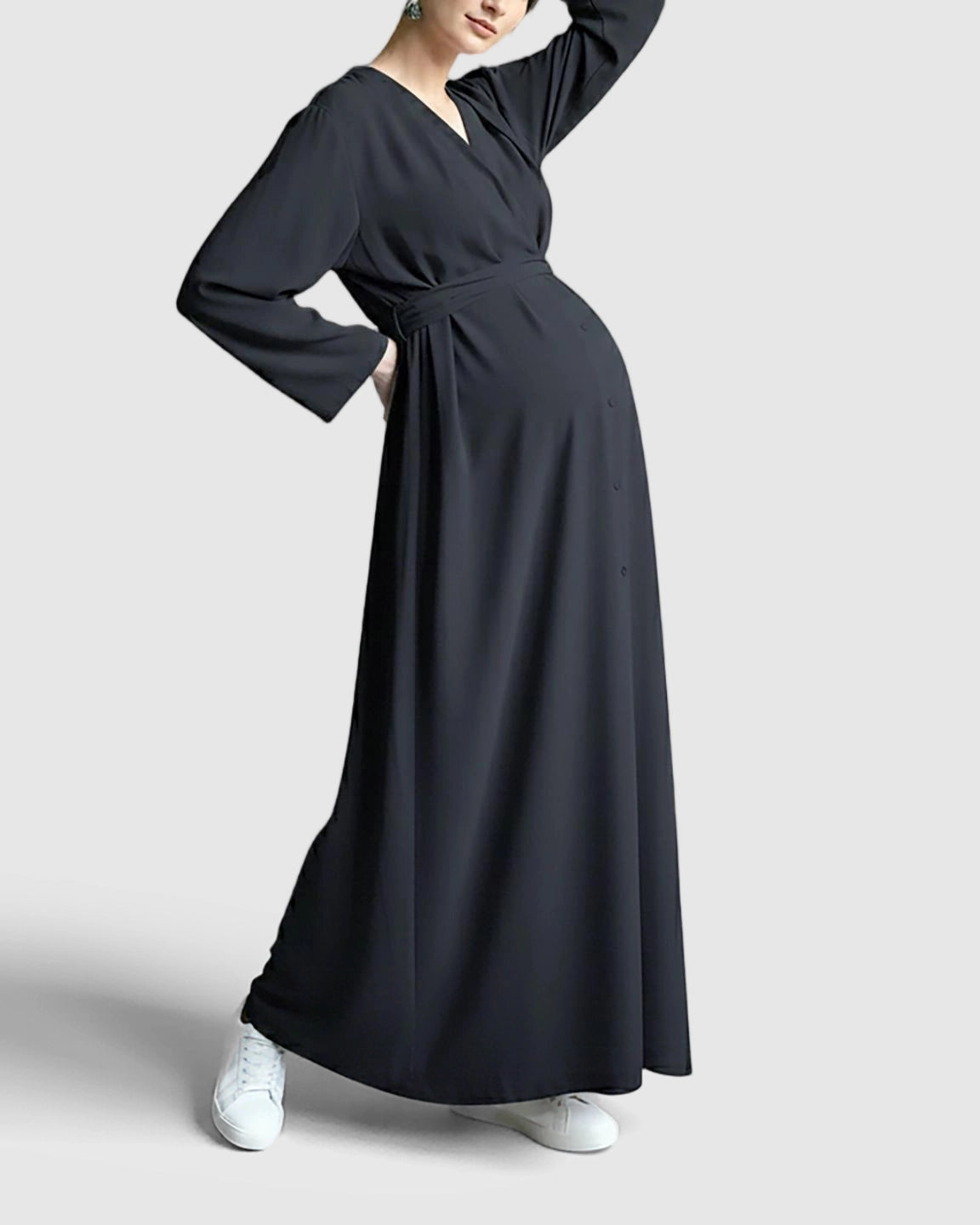 Long Sleeve V-Neck Maternity Maxi Dress with Adjustable Waist