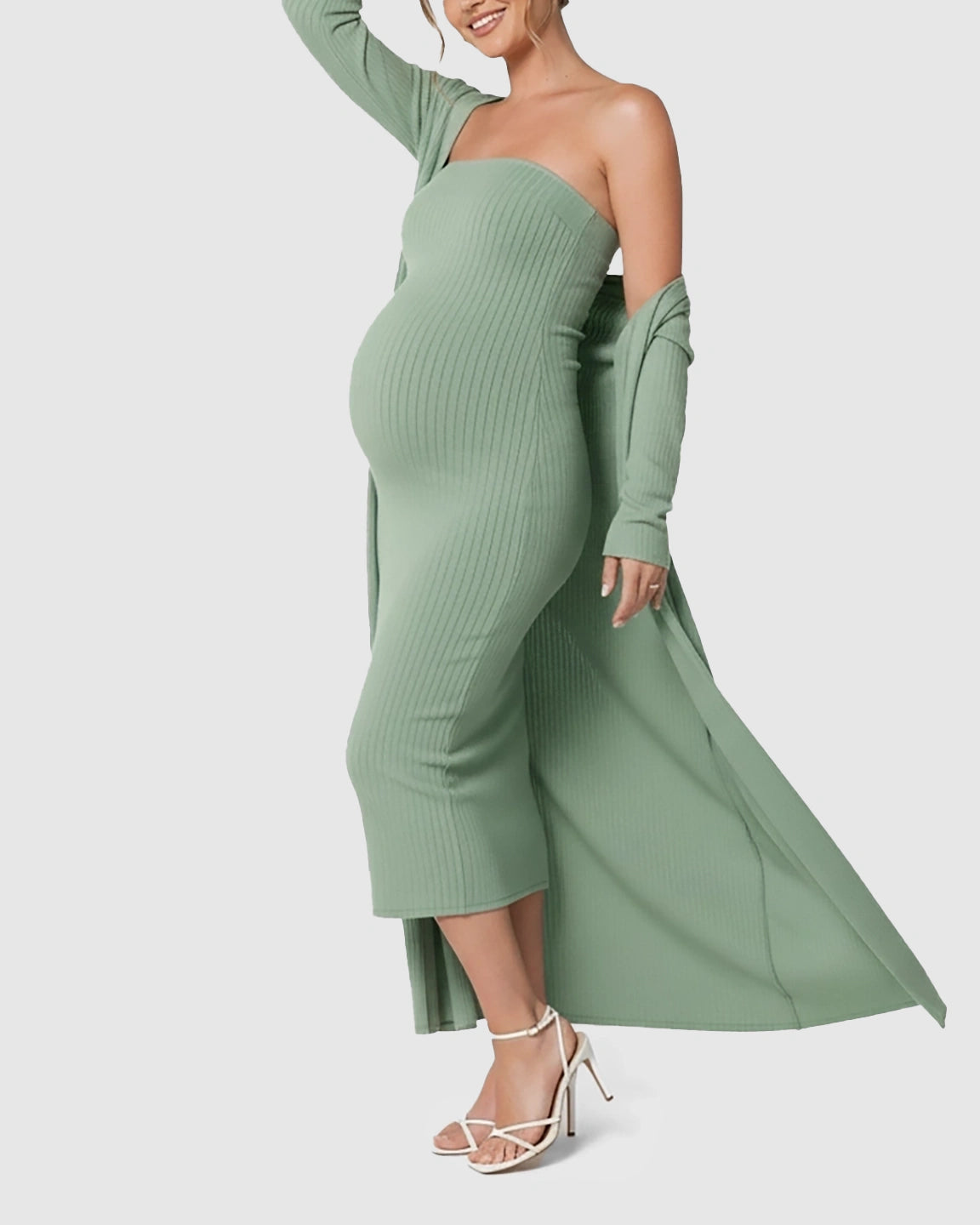 Elegant Ribbed Two-Piece Maternity Dress with Cardigan