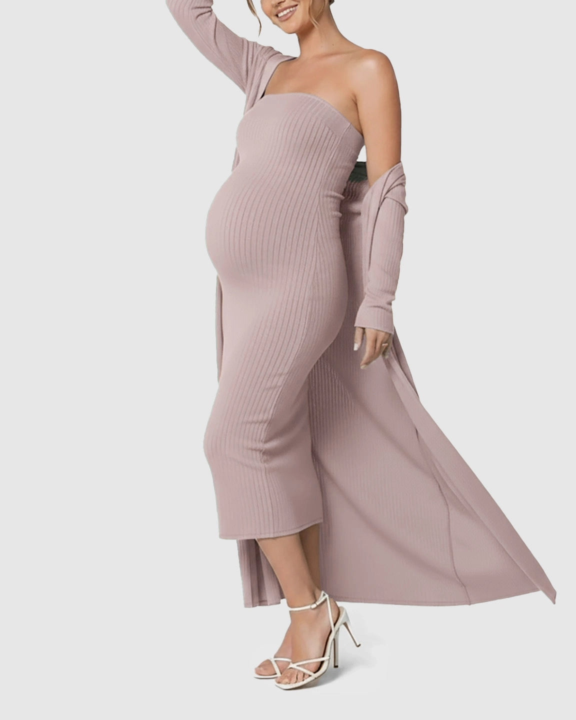 Elegant Ribbed Two-Piece Maternity Dress with Cardigan