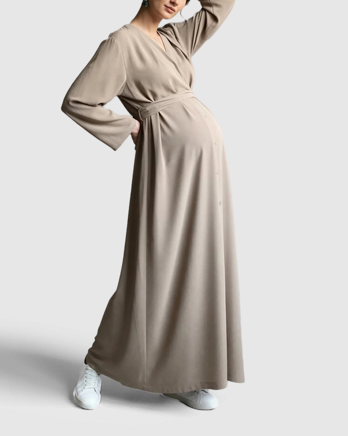 Long Sleeve V-Neck Maternity Maxi Dress with Adjustable Waist