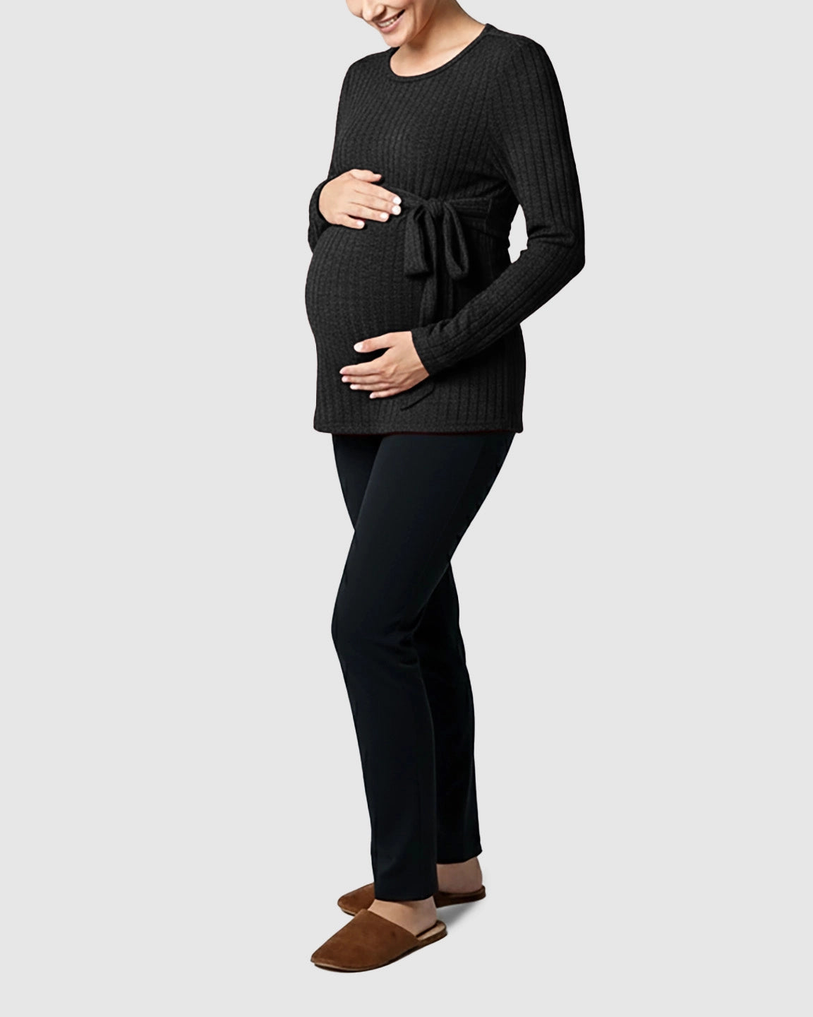 Ribbed Knit Tie-Waist Long Sleeve Maternity Top